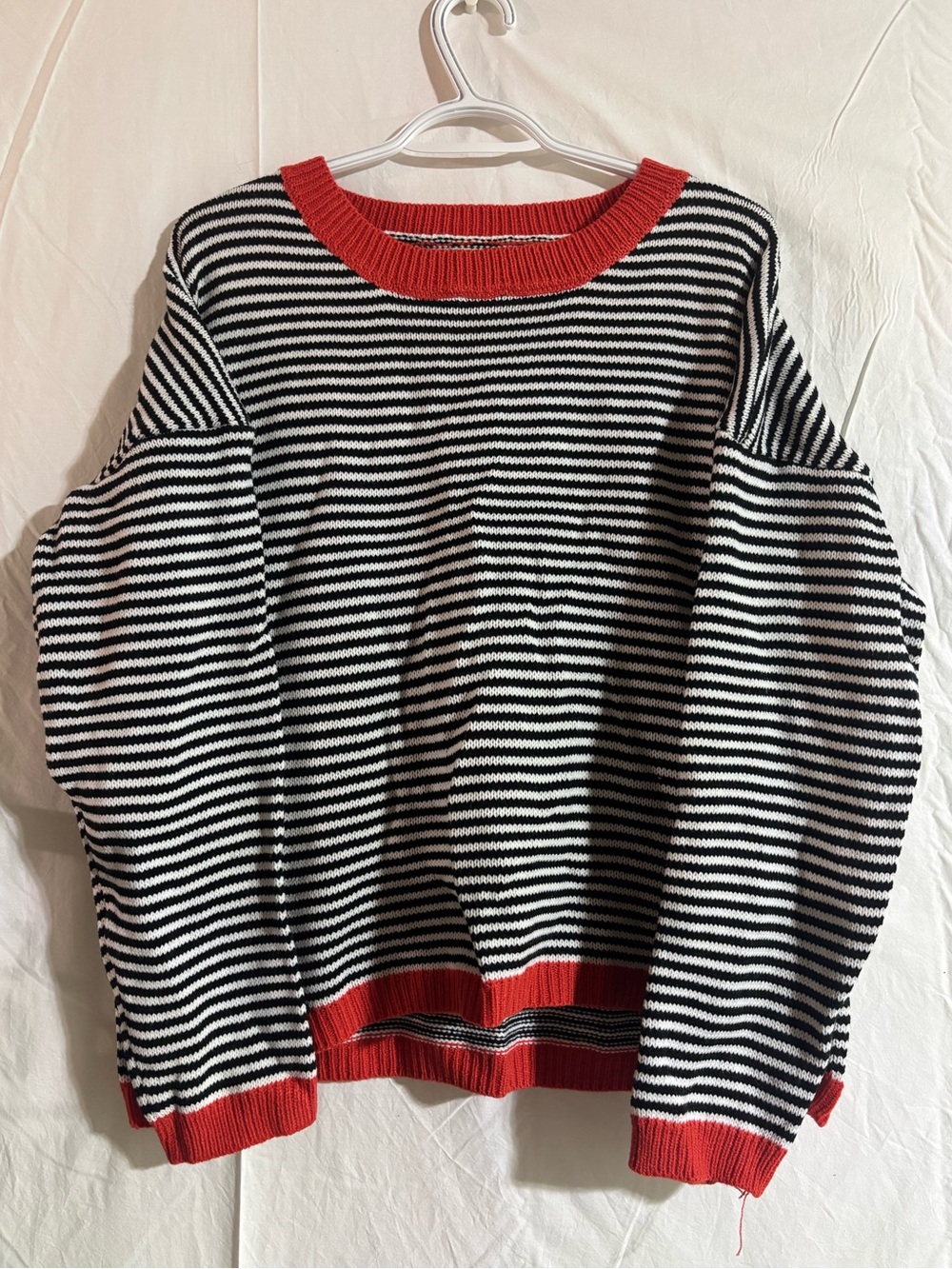 Striped Black & White Sweater with Red Trim